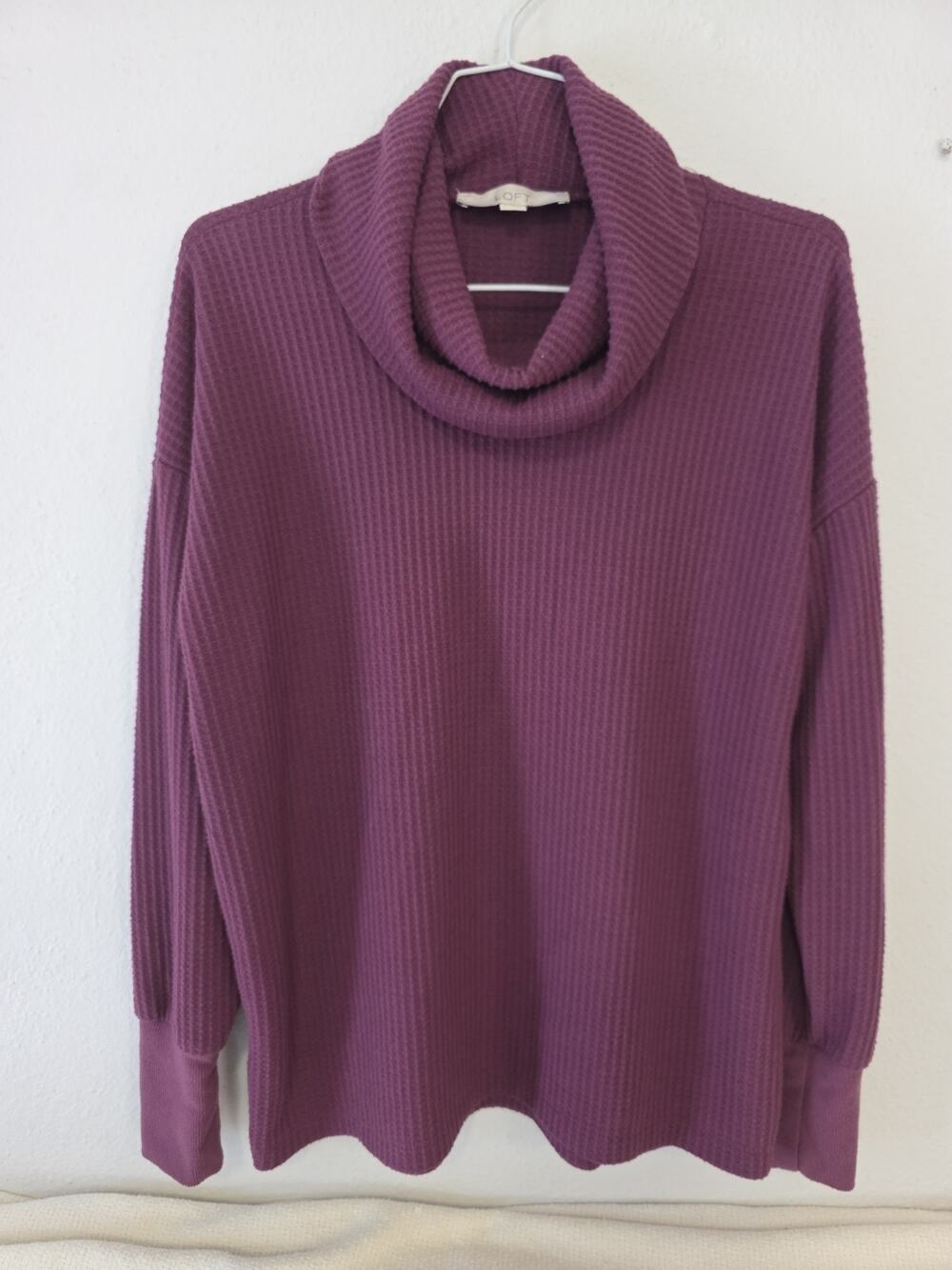 Loft Burgundy Purple Waffle Knit Thermal Cowl Neck Top Blouse Women Medium